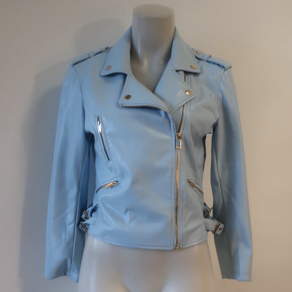 Womens Generation Love "Lindsay" Sky Blue Vegan Leather Moto Jacket M - Picture 1 of 9